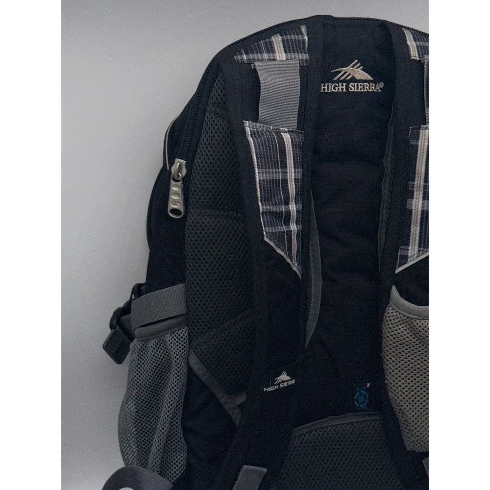 High Sierra Backpack Black Gray Plaid Multi Pocket Padded Laptop School Travel